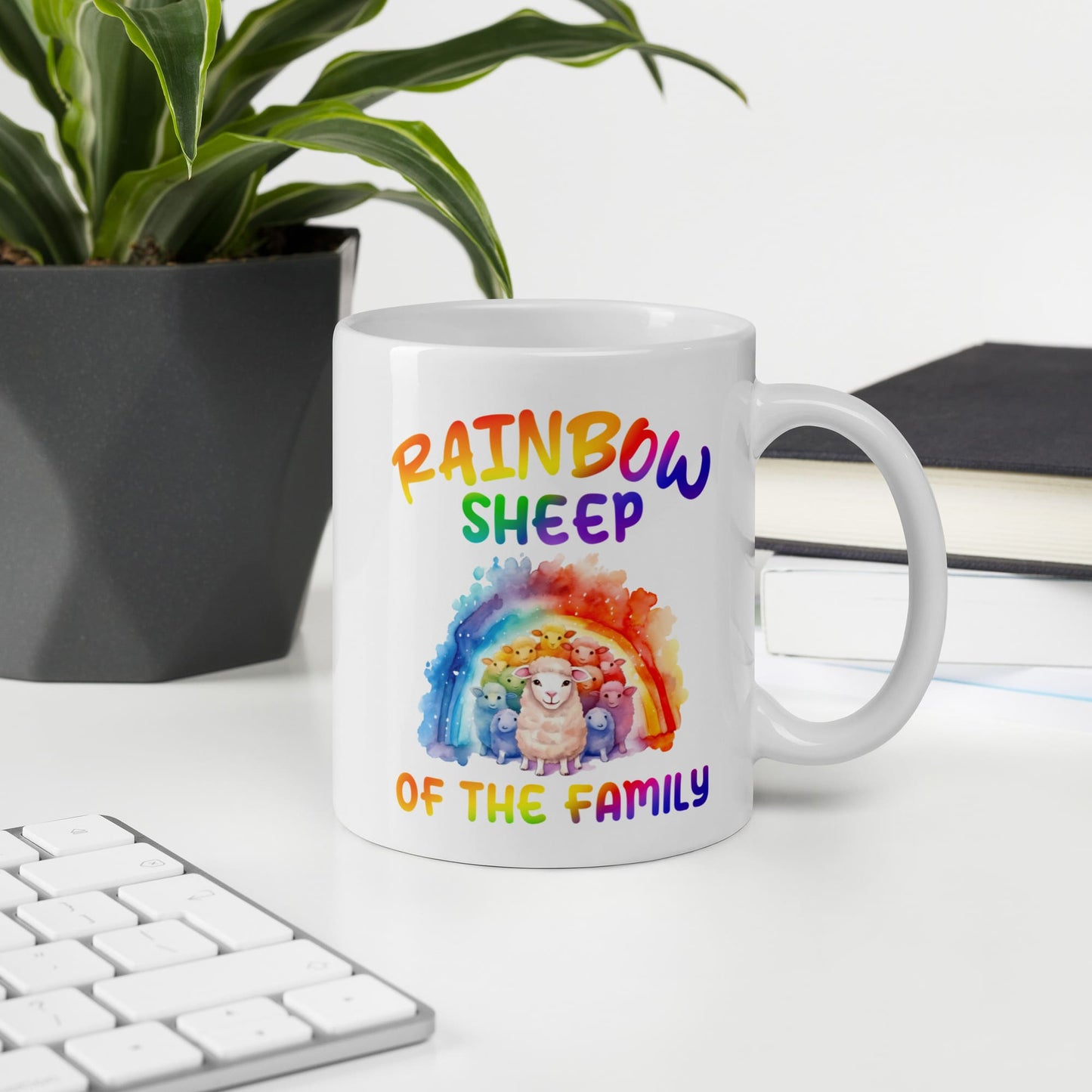 LGBTQ pride mug, rainbow sheep of the family coffee or tea cup on desk