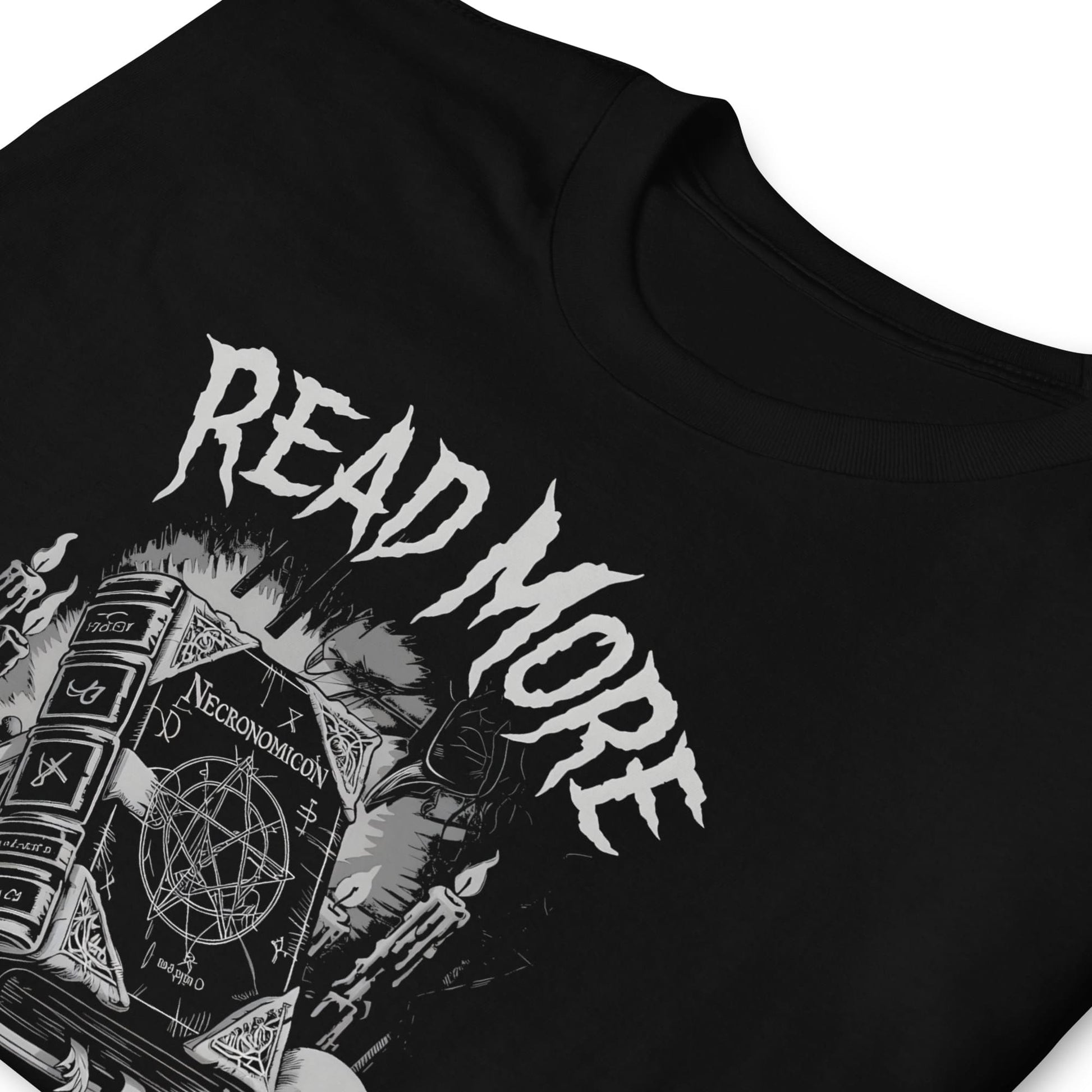 Black t-shirt with 'Read More Banned Books' Necronomicon text and book design on a white background