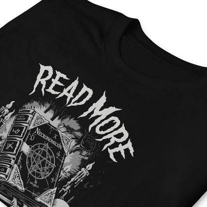 Black t-shirt with 'Read More Banned Books' Necronomicon text and book design on a white background