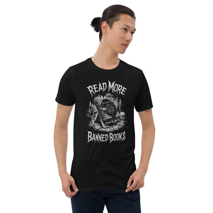 Person wearing a black t-shirt with 'Read More Banned Books' Necronomicon design on a white background