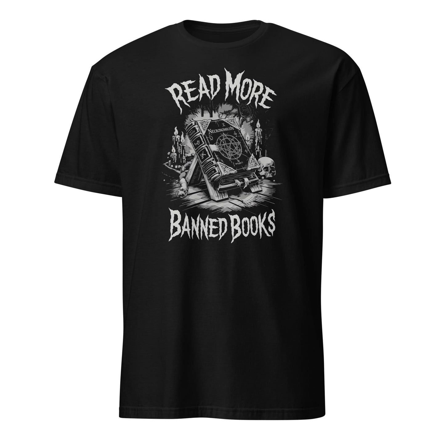 Black t-shirt with 'Read More Banned Books' Necronomicon graphic design on a white background