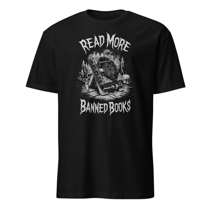 Black t-shirt with 'Read More Banned Books' Necronomicon graphic design on a white background