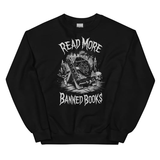 Black sweatshirt with 'Read More Banned Books' graphic design on a white background