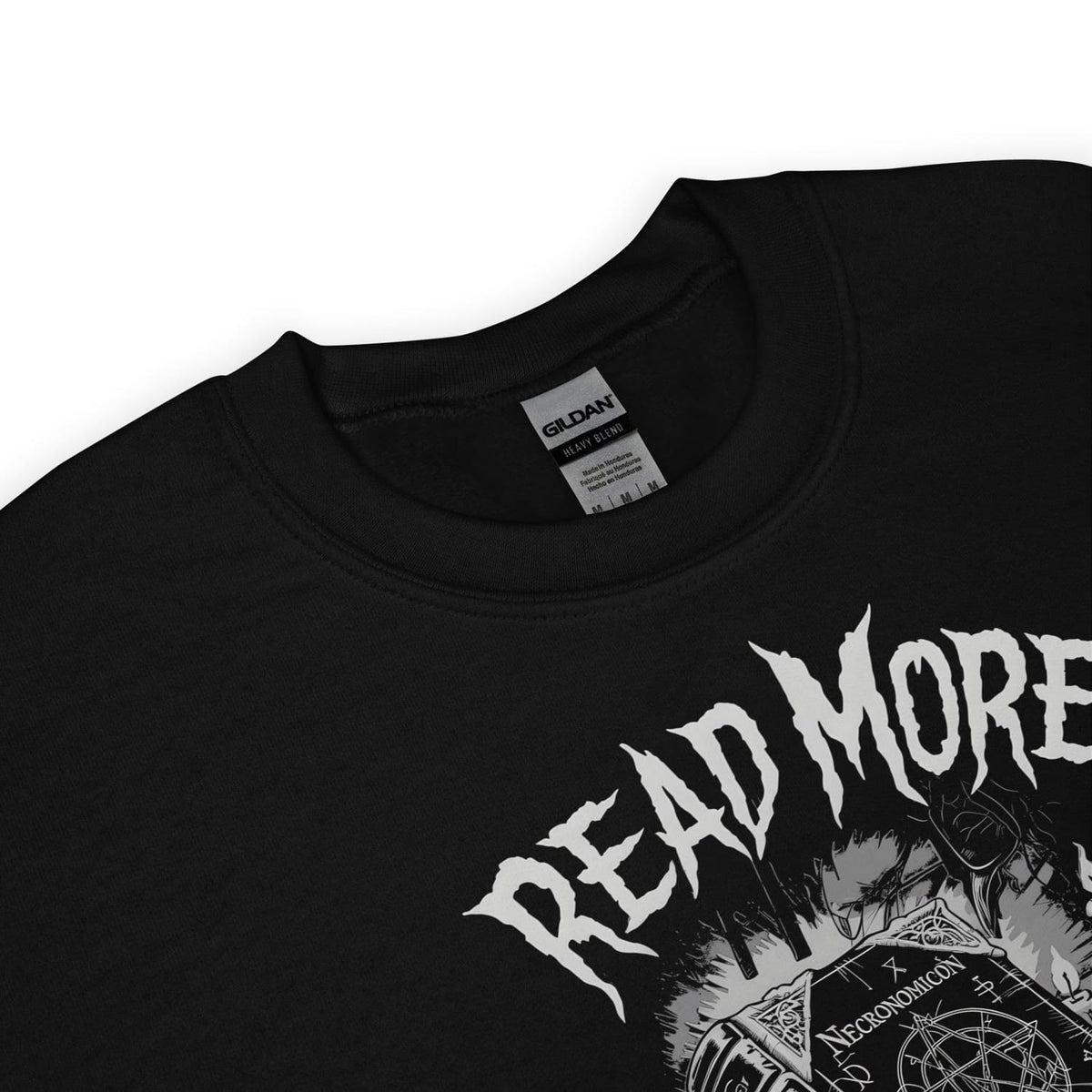 Black sweatshirt with 'Read More banned books' graphic design on a white background
