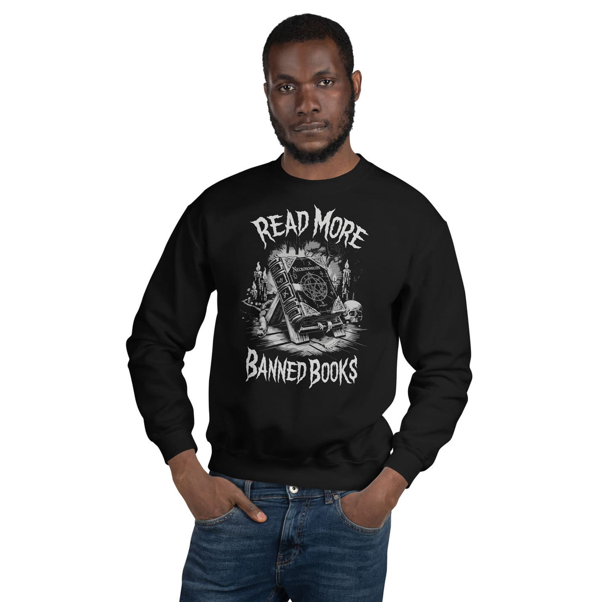 Man wearing a black sweatshirt with 'Read More Banned Books' design on a white background