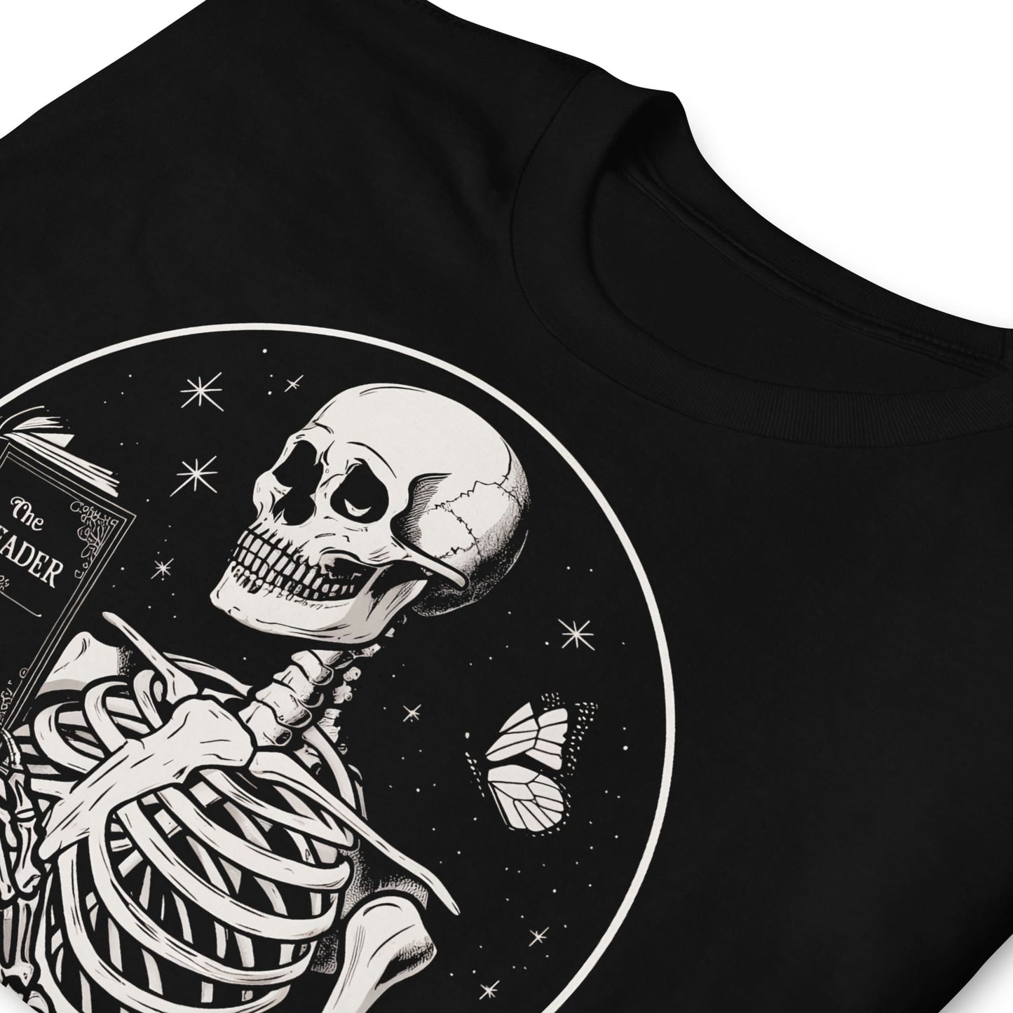 Black t-shirt with a white skeleton design on a white background