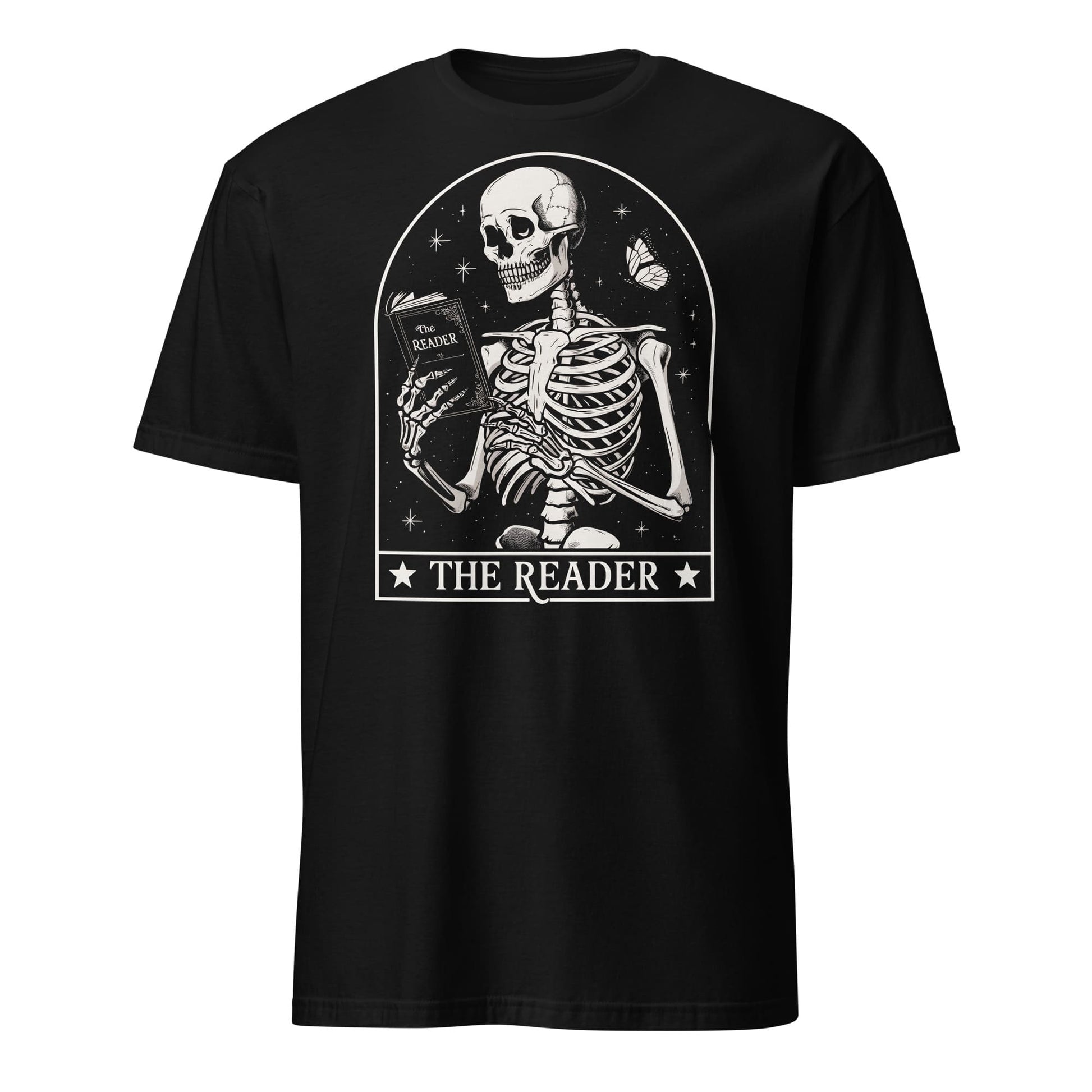 Black t-shirt with a skeleton reading a book design on a white background