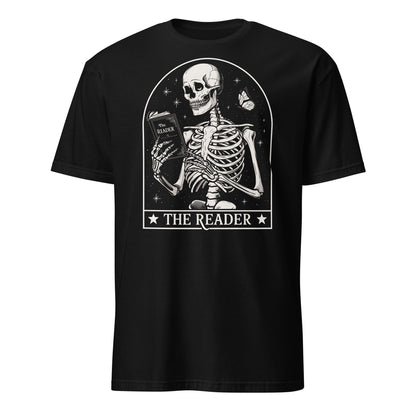 Black t-shirt with a skeleton reading a book design on a white background