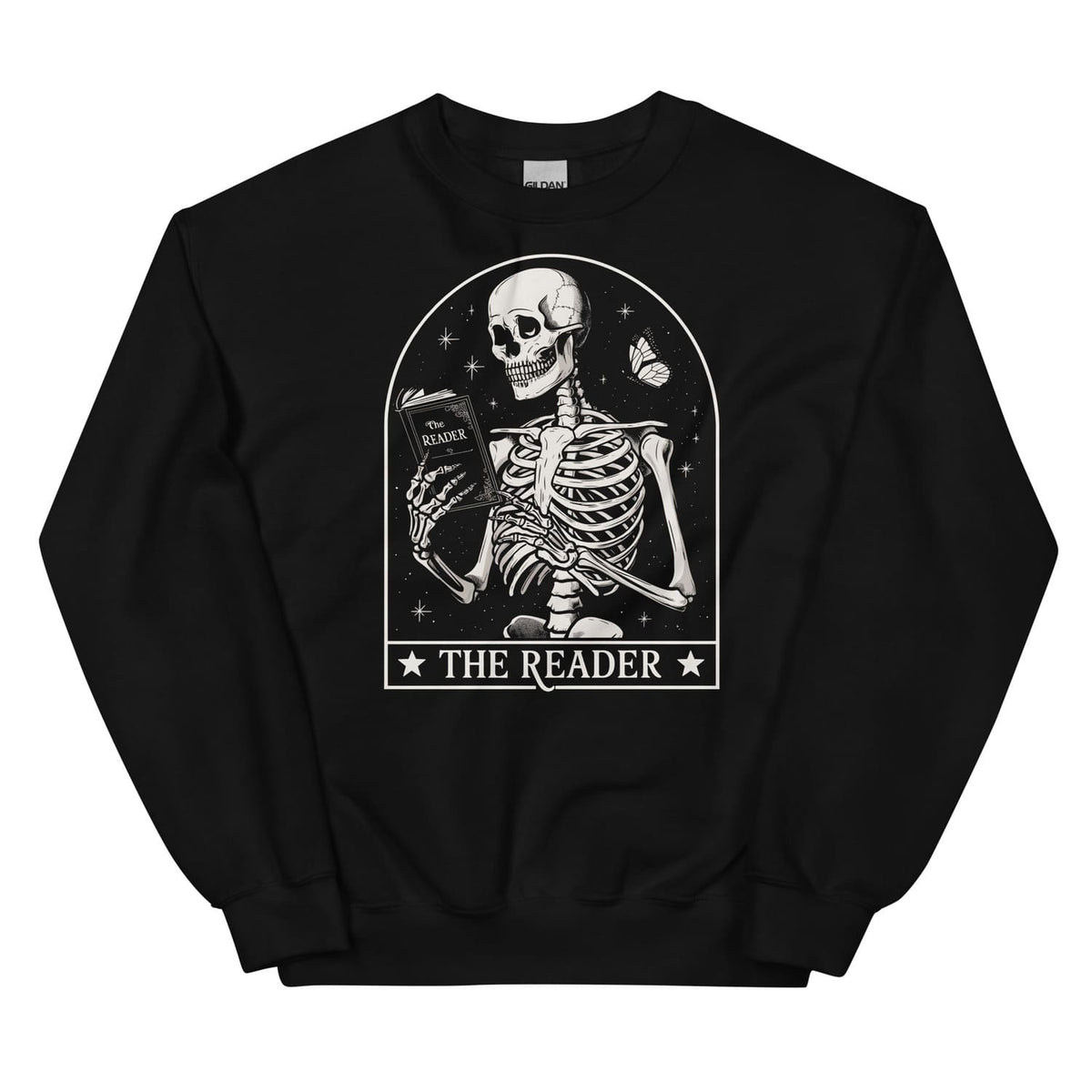Black sweatshirt with a skeleton reading a book design labeled 'The Reader'.