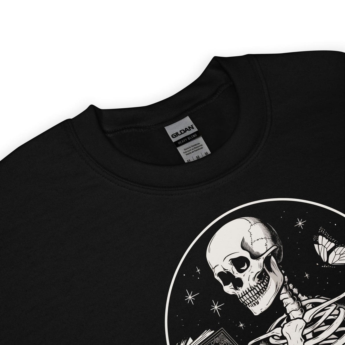 Black s bookish sweatshirt with a skeleton design on a white background