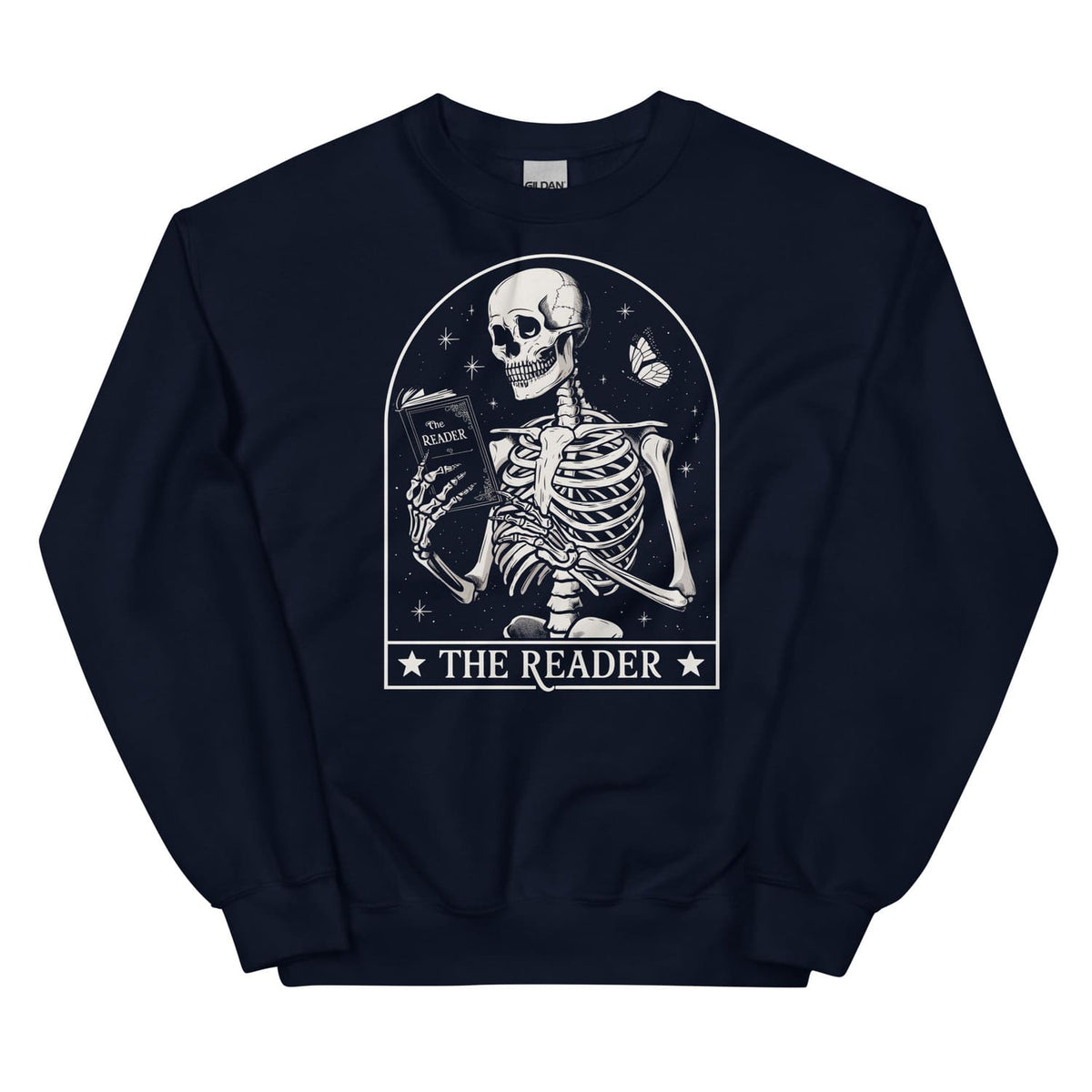 Navy sweatshirt with a skeleton reading a book design labeled 'The Reader'.
