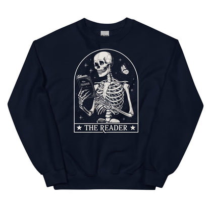 Navy sweatshirt with a skeleton reading a book design labeled 'The Reader'.