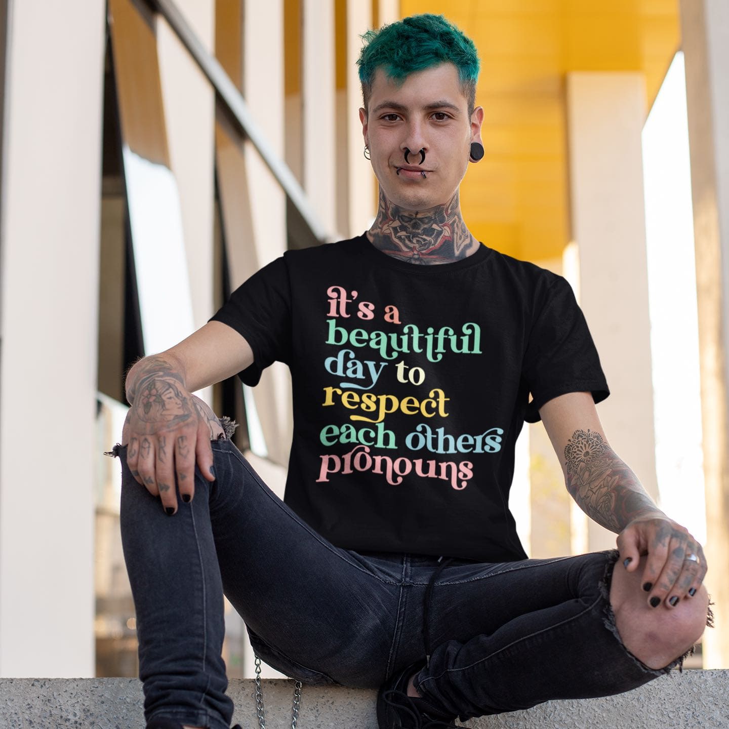 non binary shirt, respect pronouns tee, in use