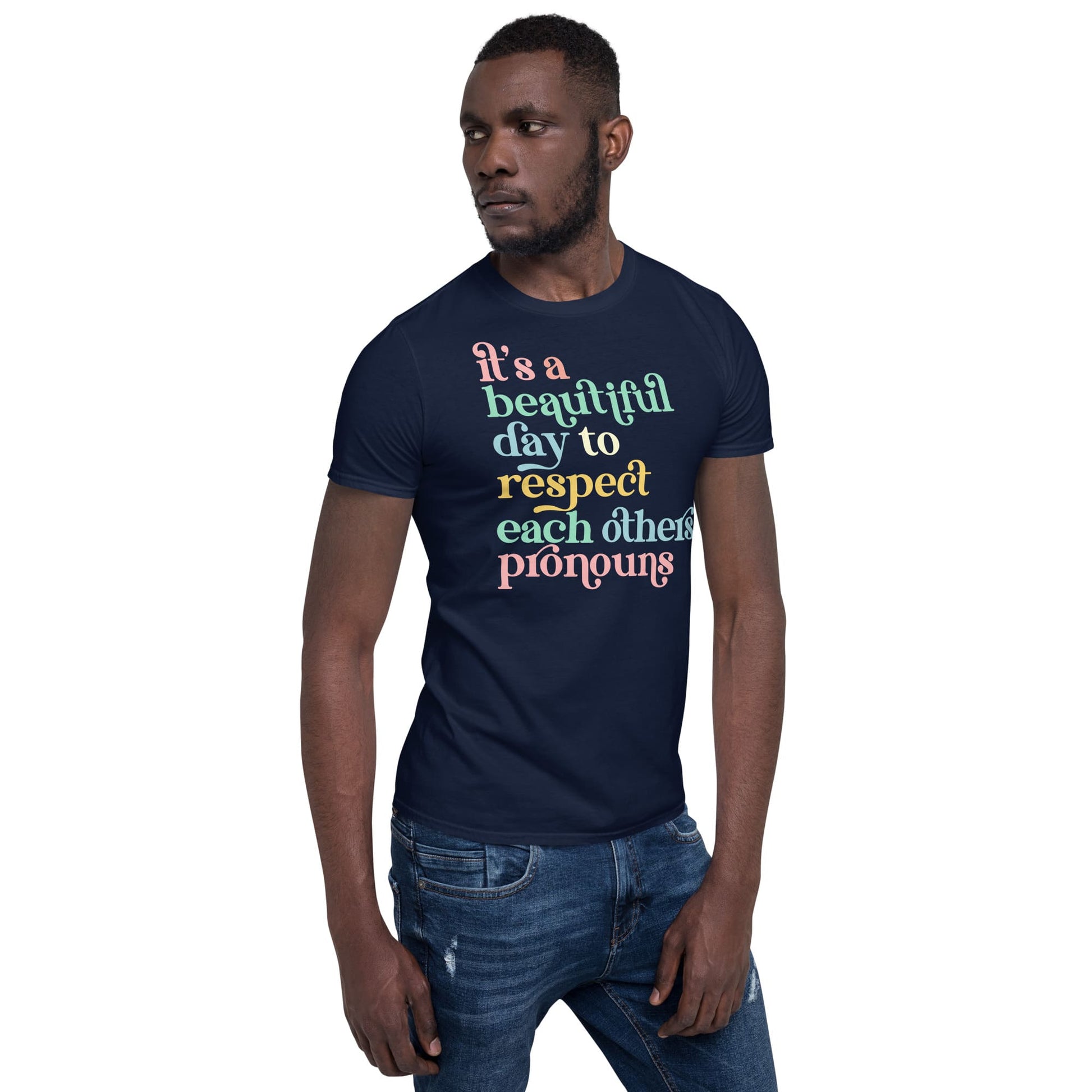 non binary shirt, respect pronouns tee, model 1