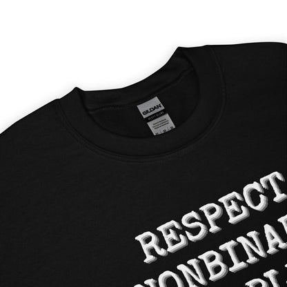 Black enby pride sweatshirt with white text on a white background