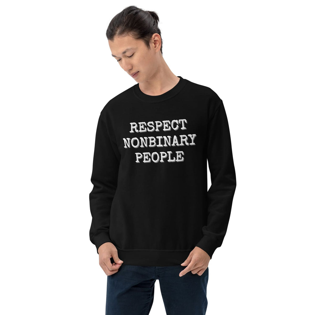 Person wearing a black sweatshirt with 'RESPECT NONBINARY PEOPLE' text on a white background