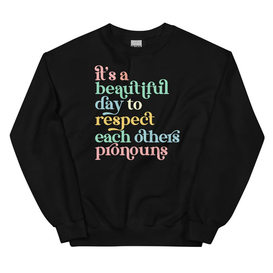 Black pronouns sweatshirt with colorful text on a white background