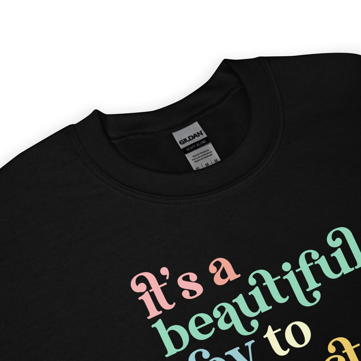 Black pronouns sweatshirt with colorful text and Gildan label on a white background