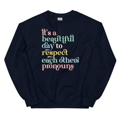 Black pronouns sweatshirt with colorful text on a white background