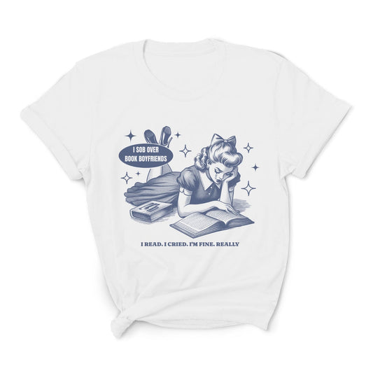 White t-shirt with a graphic of a woman reading a book and text on a white background: Funny Bookish Comfort Colors Shirt, Retro Book Lover Tee, Sarcastic Reading T-Shirt, Subtle Mental Health Awareness Gift For Book Lover