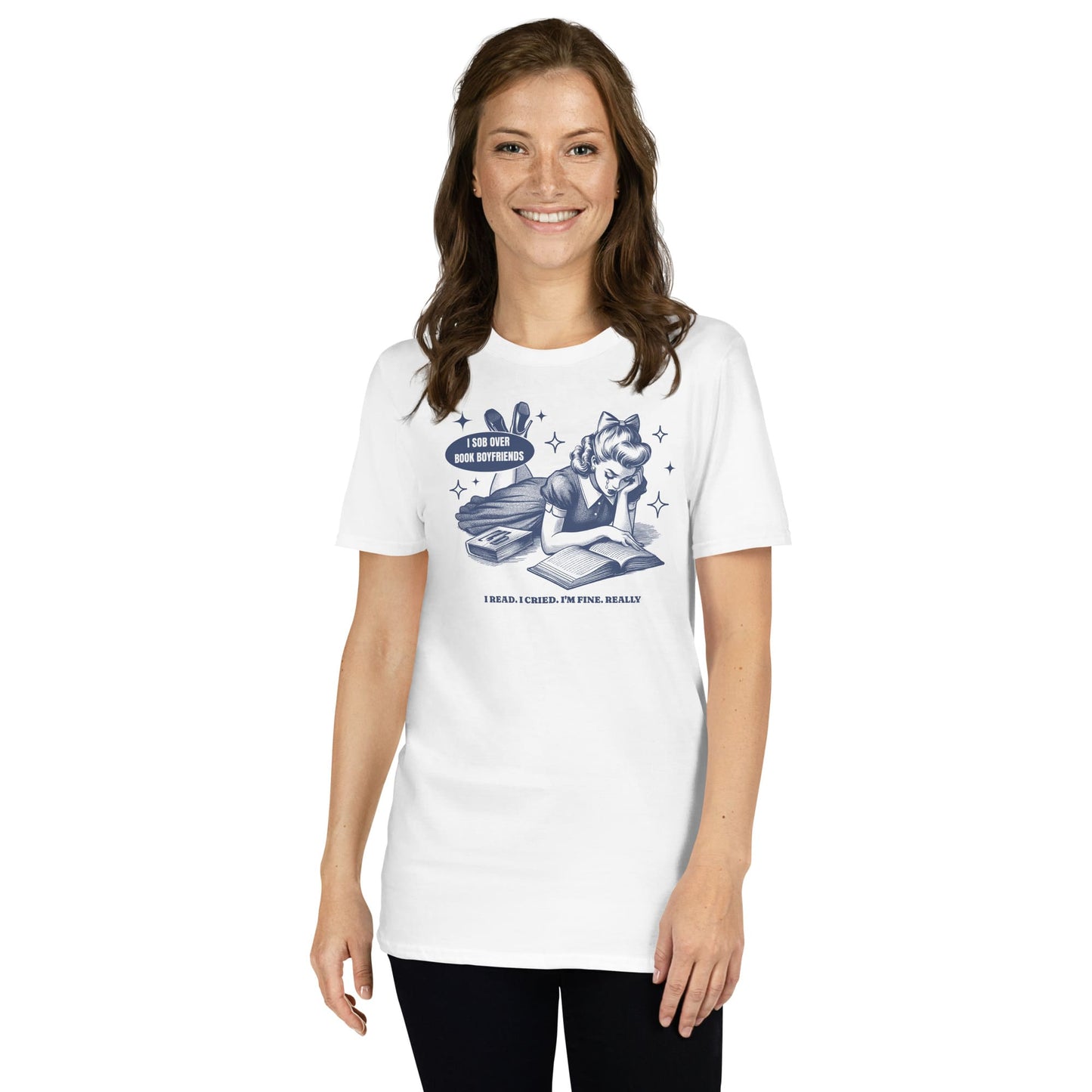 Woman wearing a white t-shirt with a graphic design on a white background: Funny Bookish Comfort Colors Shirt, Retro Book Lover Tee, Sarcastic Reading T-Shirt, Subtle Mental Health Awareness Gift For Book Lover