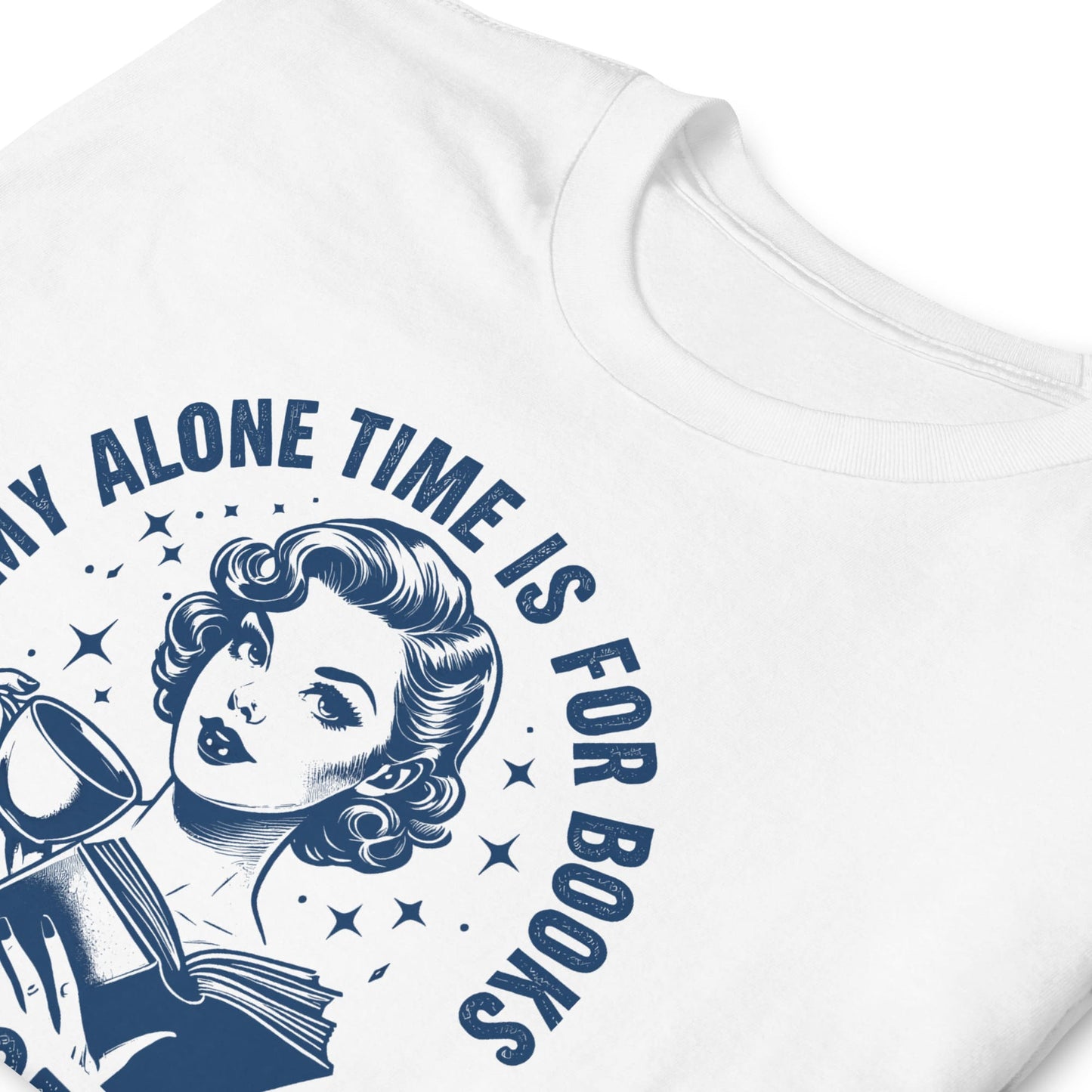 White t-shirt with blue graphic design featuring a woman and text 'My alone time is for books and coffee '.