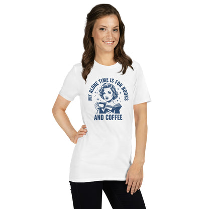 Woman wearing a white t-shirt with a bookish design and text on a white background