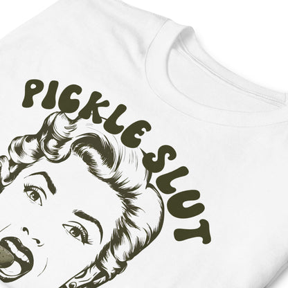 White t-shirt with graphic design of a face and 'Pickle Slut' text on a white background
