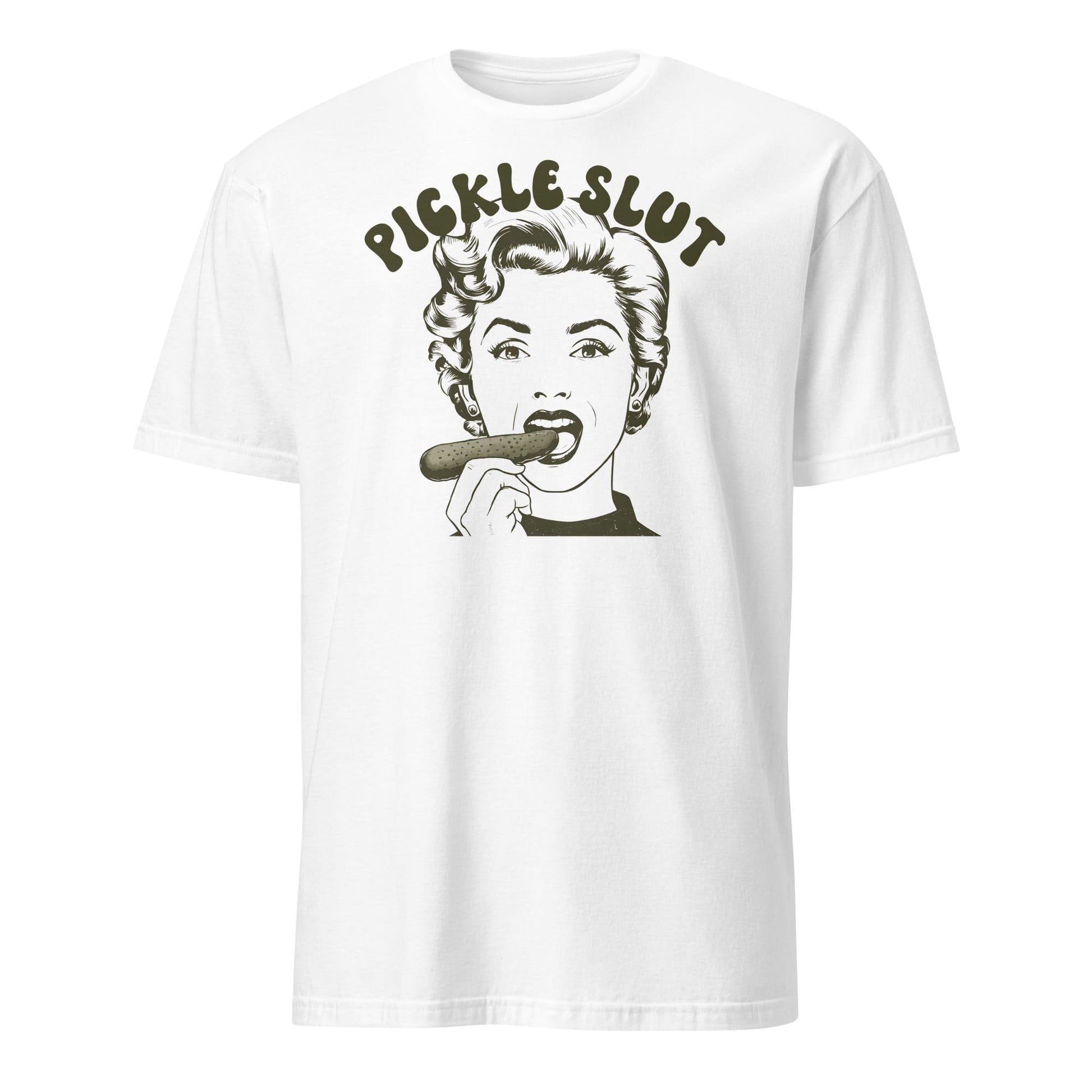 White t-shirt with graphic design and text 'Pickle Slut' on a white background