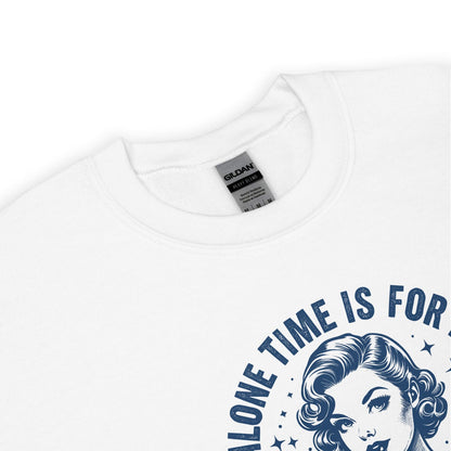 White bookish sweatshirt with blue graphic design featuring a woman's face and text on a white background
