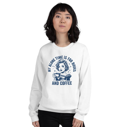 Person wearing a white bookish sweatshirt with a graphic and text on a white background