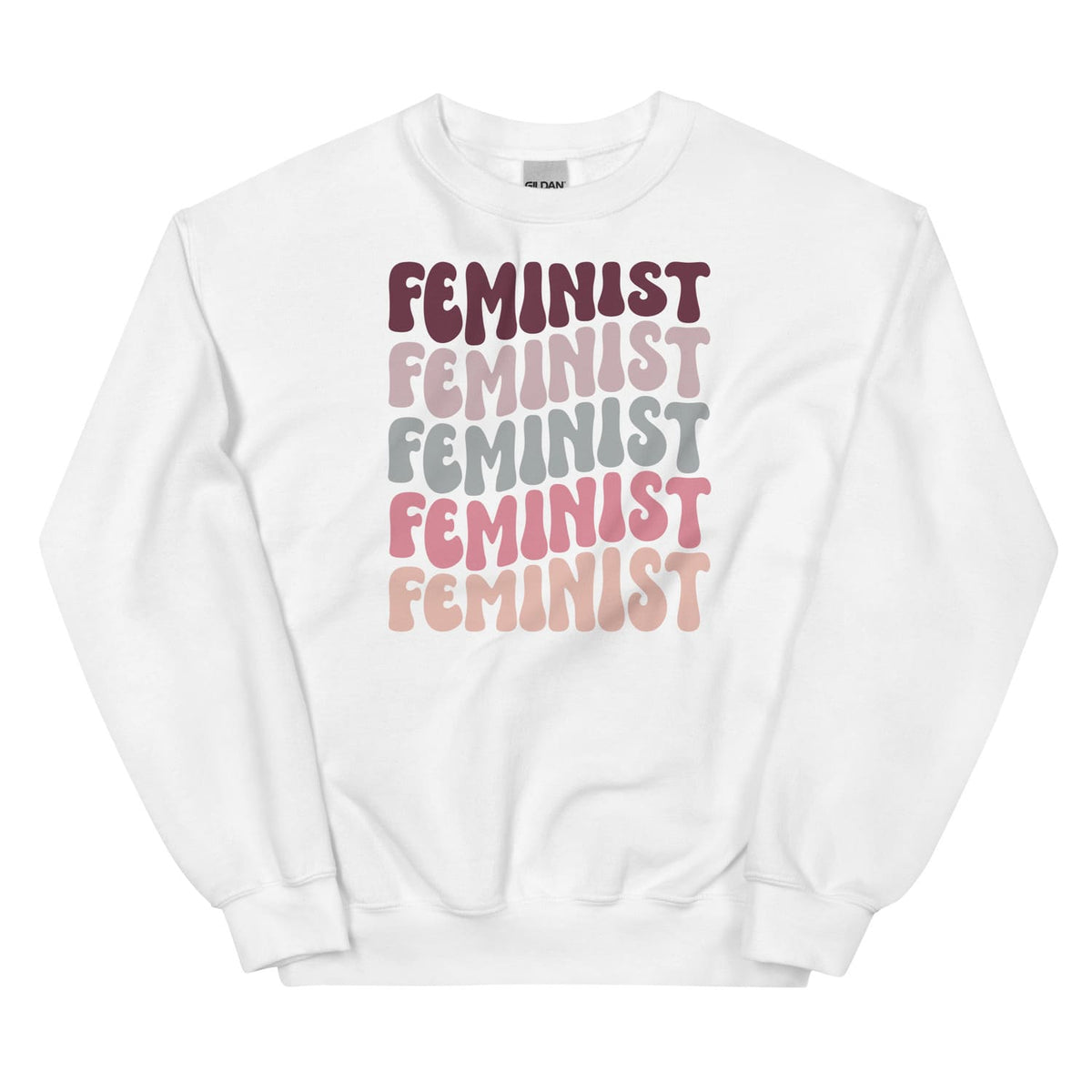 White sweatshirt with 'Feminist' text in various colors on a white background