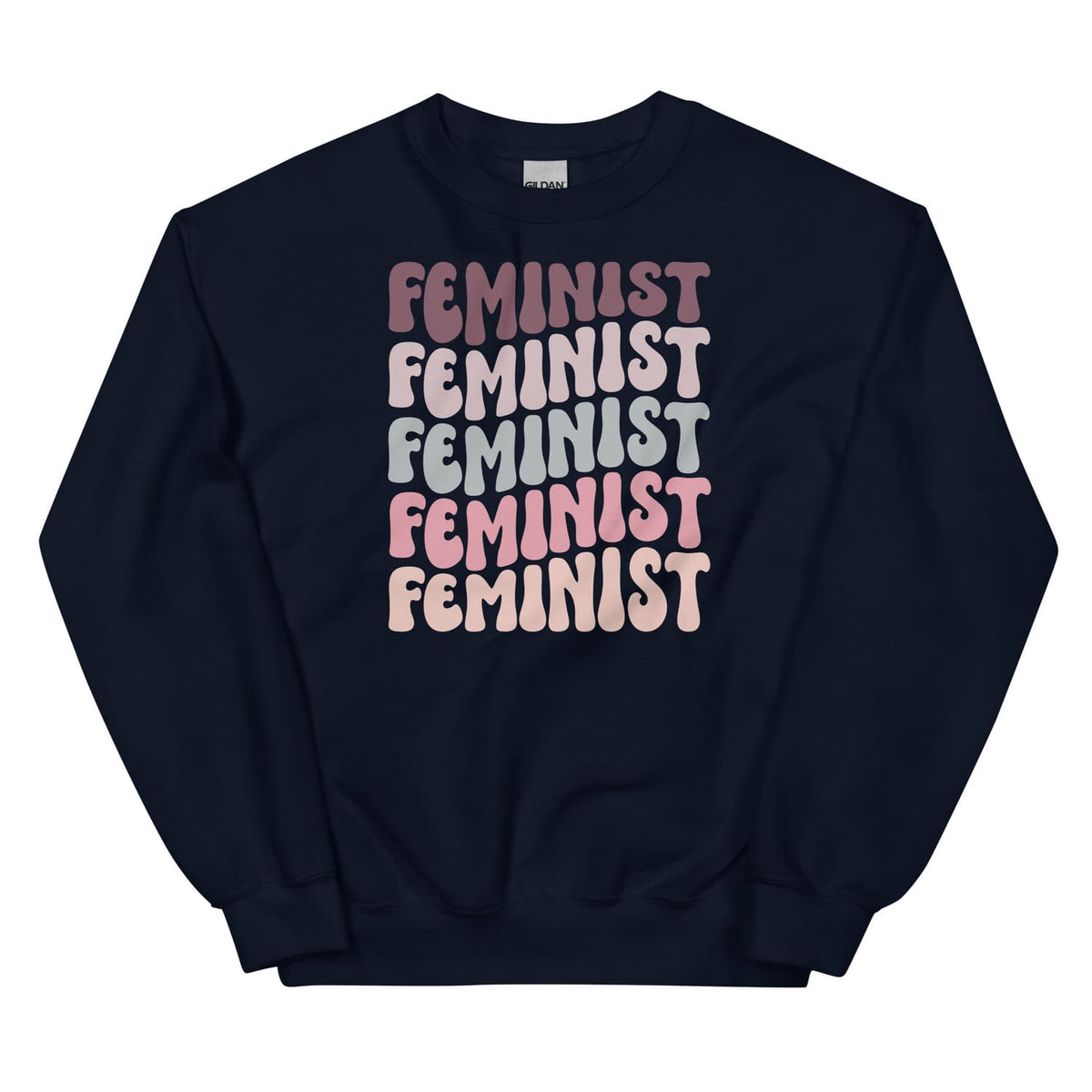 Navy sweatshirt with 'FEMINIST' text in multiple colors on a white background