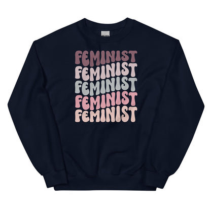 Navy sweatshirt with 'FEMINIST' text in multiple colors on a white background