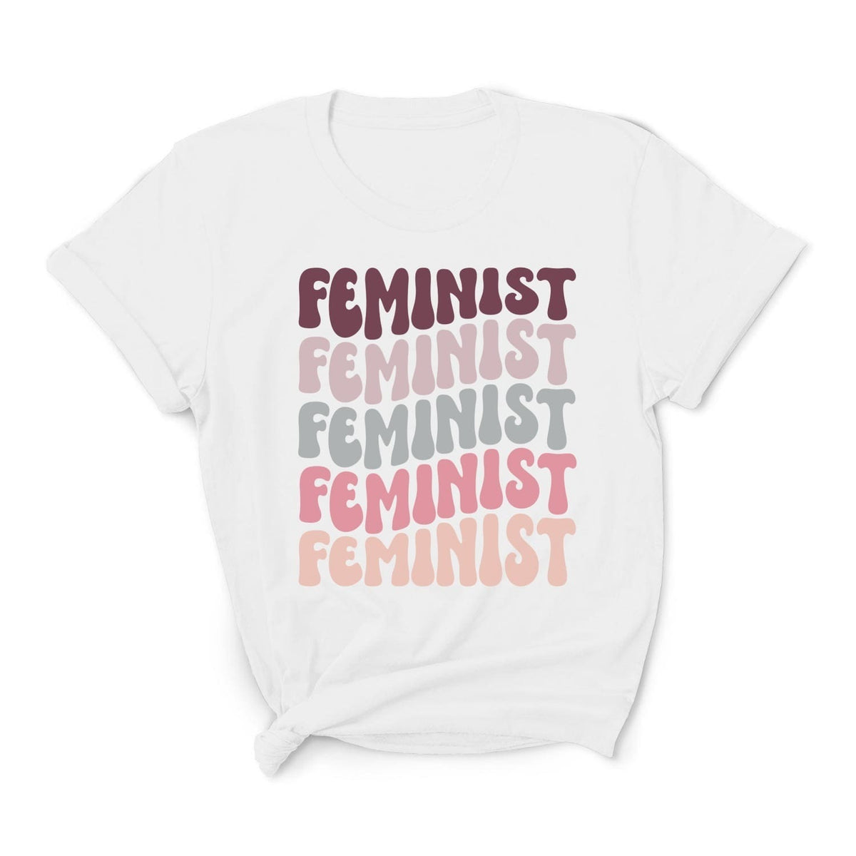 White t-shirt with 'Feminist' text in various colors on a white background