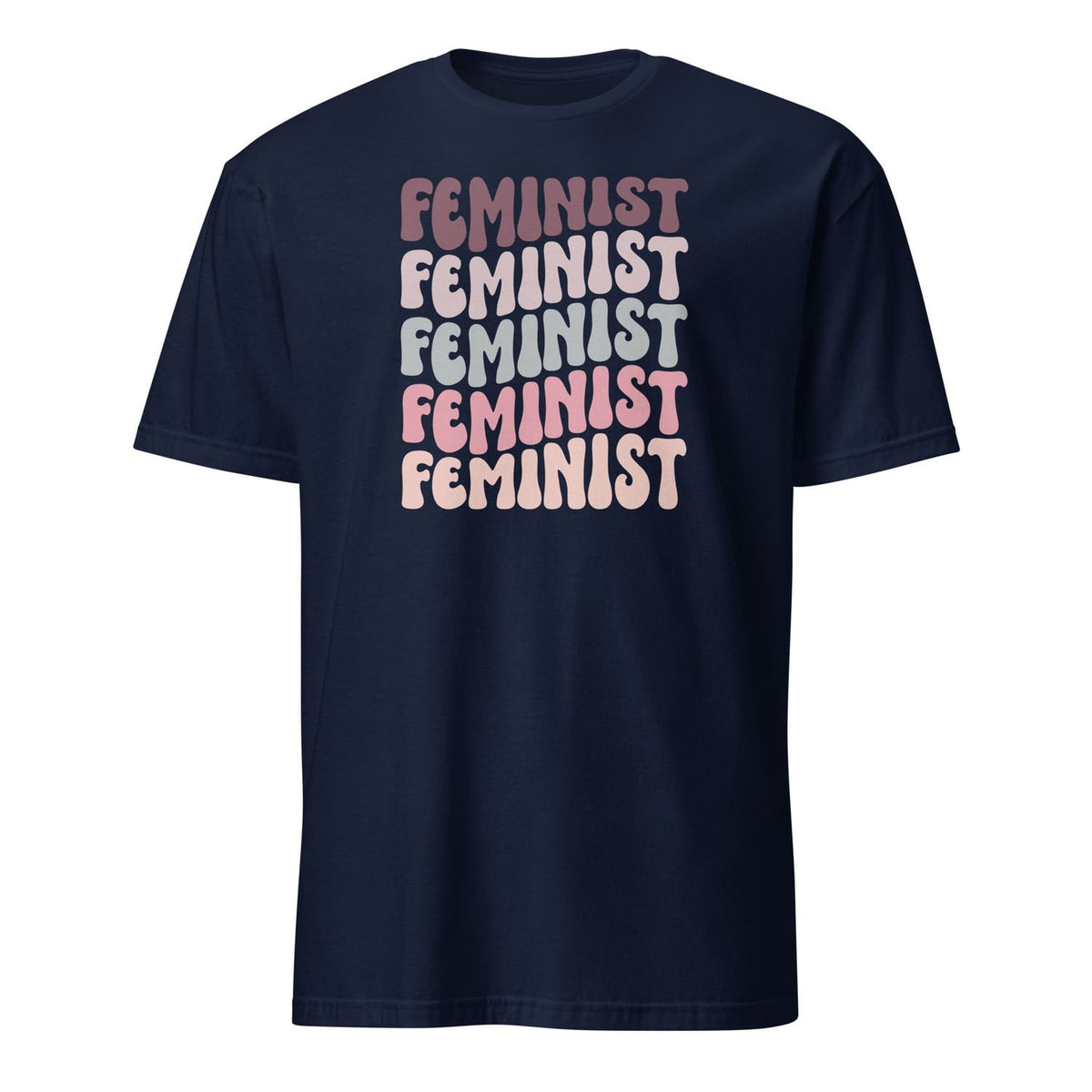 Navy blue t-shirt with 'FEMINIST' text in various colors on a white background