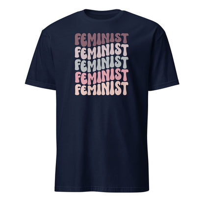 Navy blue t-shirt with 'FEMINIST' text in various colors on a white background