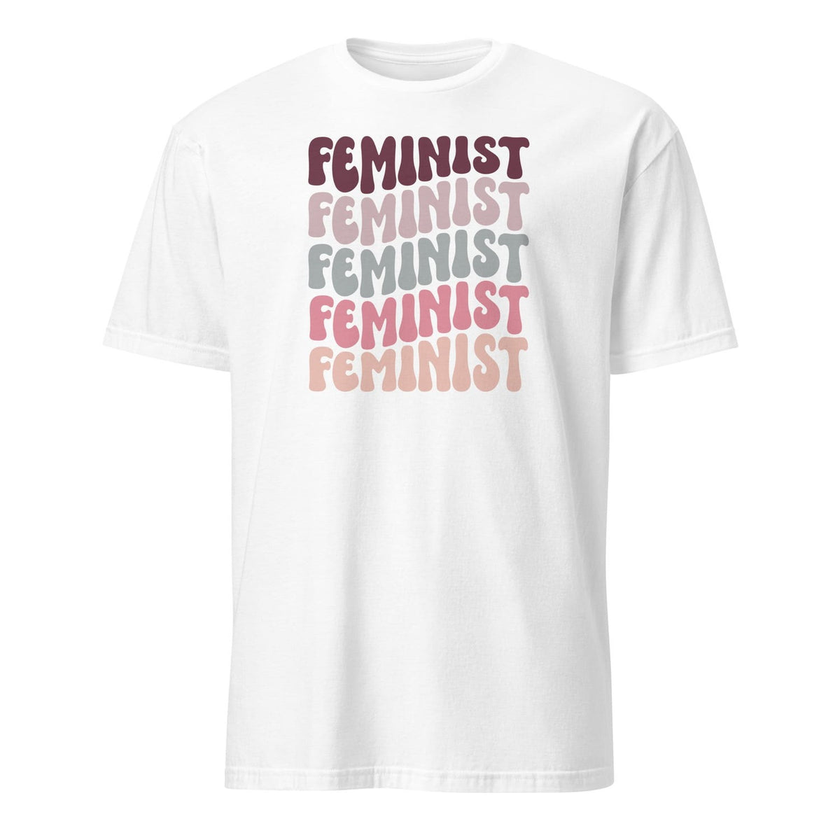 White t-shirt with 'FEMINIST' text in various colors on a white background