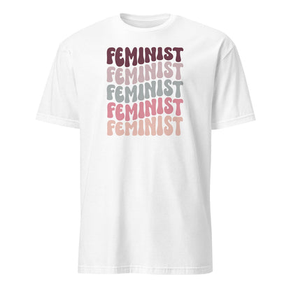 White t-shirt with 'FEMINIST' text in various colors on a white background
