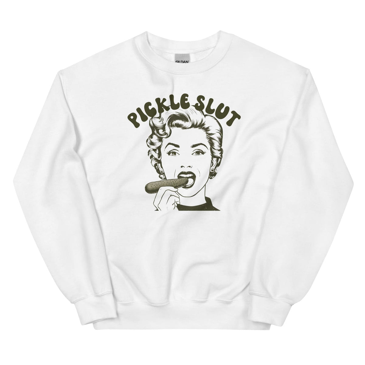 White sweatshirt with graphic design of a woman eating a pickle and text 'Pickle Slut' on a white background
