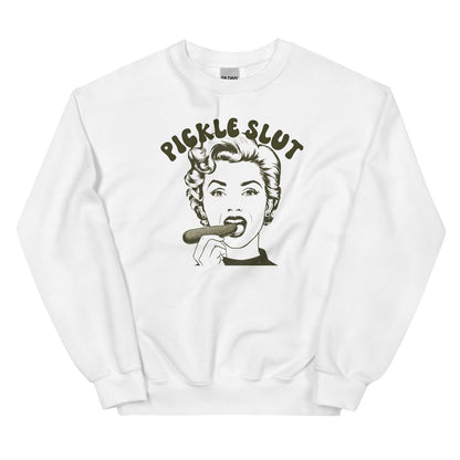 White sweatshirt with graphic design of a woman eating a pickle and text 'Pickle Slut' on a white background