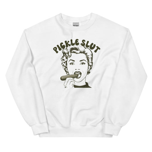 White sweatshirt with graphic design of a woman eating a pickle and text 'Pickle Slut' on a white background