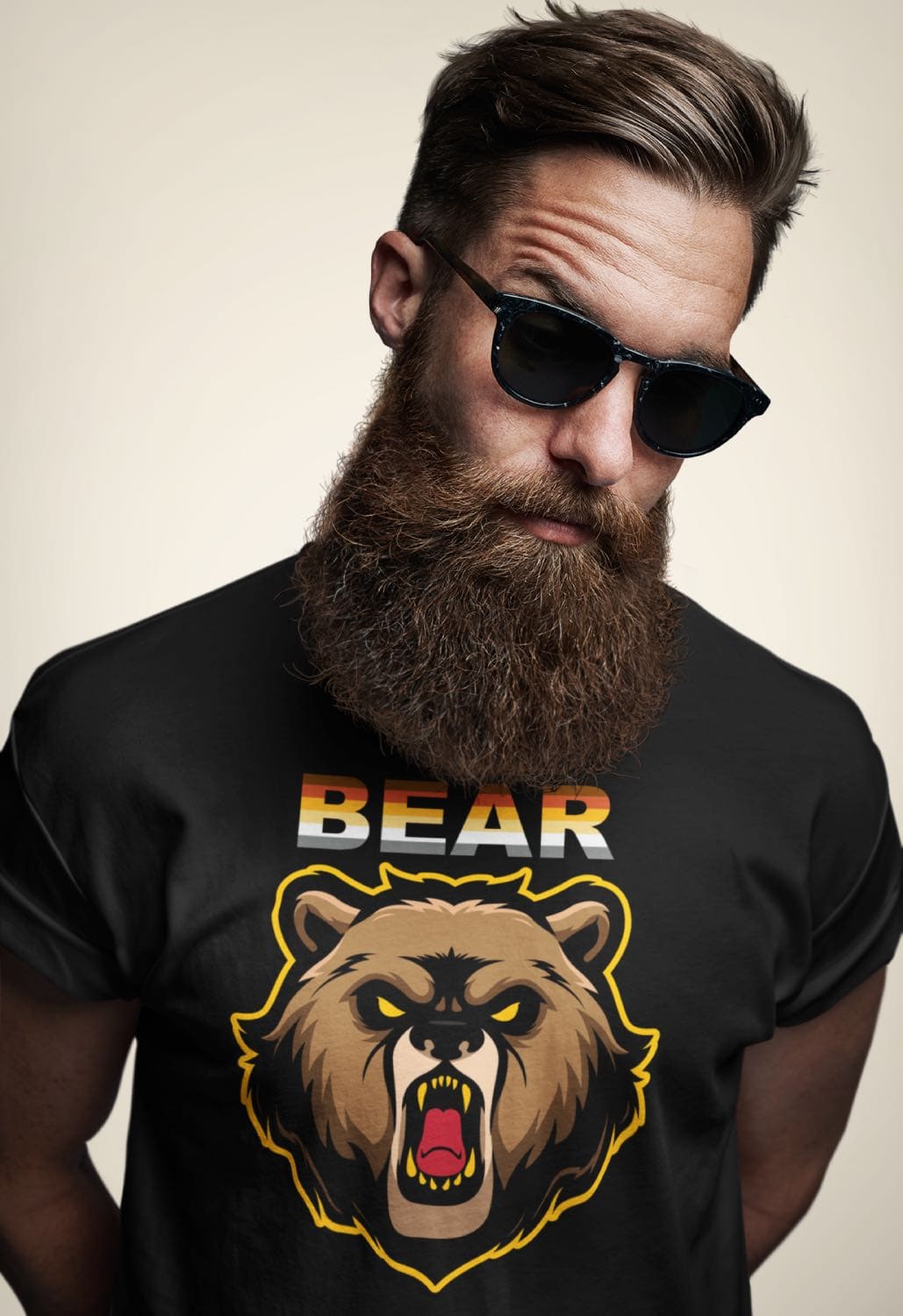 gay bear pride shirt, mlm bear, in use