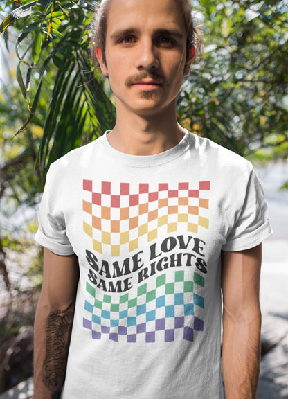 LGBT pride shirt, same love same rights tee, in use