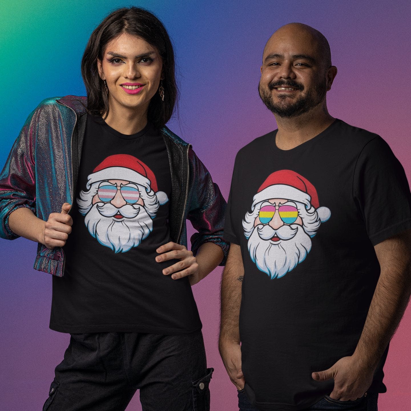 Transgender and pansexual pride santa shirt, models photo