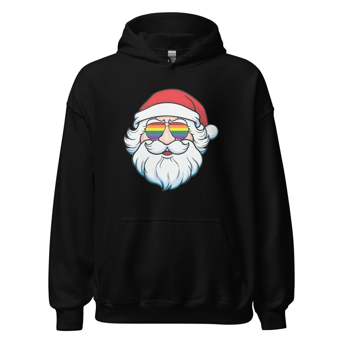 Black hoodie with a graphic of Santa Claus wearing rainbow sunglasses on a white background