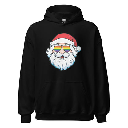 Black hoodie with a graphic of Santa Claus wearing rainbow sunglasses on a white background