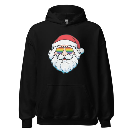 Black hoodie with a graphic of Santa Claus wearing rainbow sunglasses on a white background