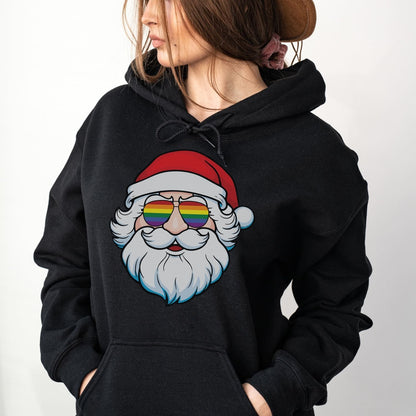 Black hoodie with a colorful Santa Claus design wearing rainbow sunglasses on a white background