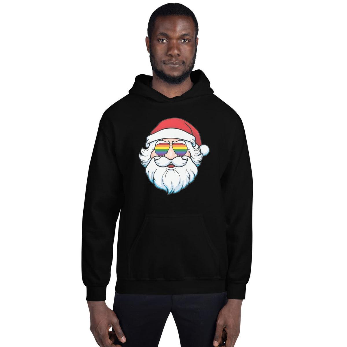 Black hoodie with a Santa Claus wearing pride glasses graphic on a white background